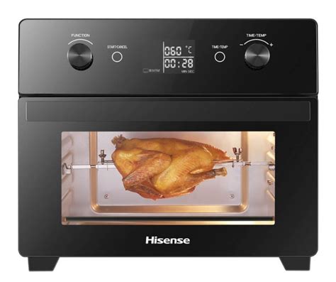 HISENSE H20AOBK1S5 Air Fry Toaster 20L; Functions: Airfry, toaster, bake, broil, warm; 100℃～230℃ adjustable temperature; Stainless steel housing; Double glass door; Fan speed: quick and slow position; Airfry function: 4 upper heating element with quick fan; Oven function: 2 upper 2 lower heating element with slow fan